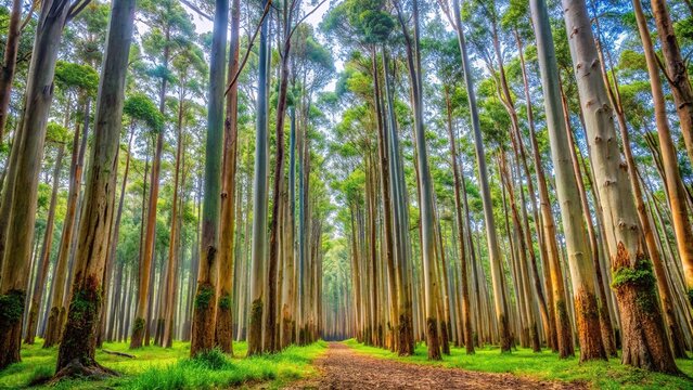 A vibrant eucalyptus forest with tall trees and a carpet of green leaves and branches, outdoors, bark