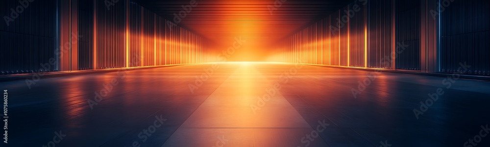 Leinwandbilder a captivating corridor illuminated by an orange glow, creating a surreal atmosphere with reflections