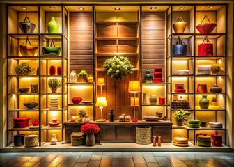 Captivating Low Light Photography of a Department Store Display Wall Showcasing Vibrant Merchandise and Creative Arrangements for Visual Merchandising Enthusiasts