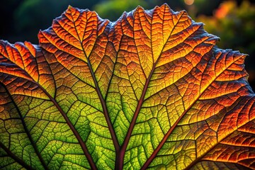 Obraz premium backlit gunnera leaf macro colorful texture dark foliage nature background tropical Extreme Close-Up