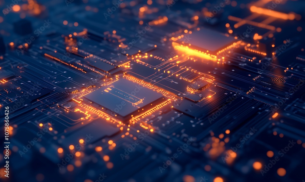 Leinwandbilder A close-up view of a futuristic circuit board featuring glowing processors and intricate pathways, emphasizing technology and digital innovation.