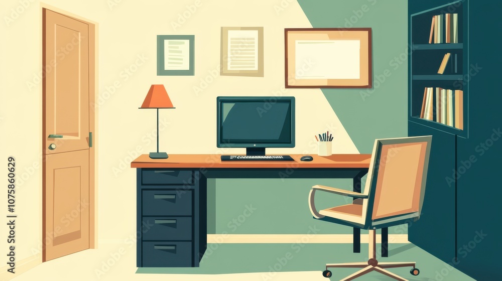 Poster vector illustration of an office desk with a desktop computer