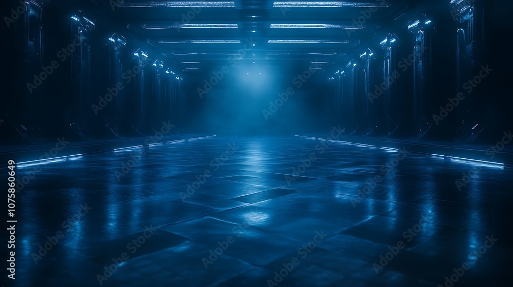 Poster An ethereal, blue-lit hall with reflective ground and columns, creating a serene and mysterious atmosphere.