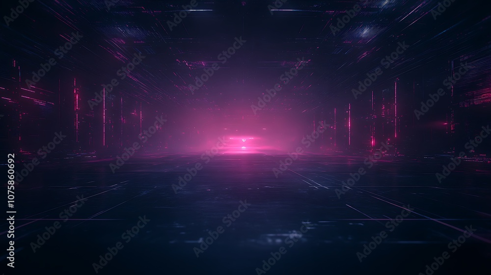 Poster a vibrant, futuristic space featuring neon pink and blue lights with a mysterious aura, emphasizing 