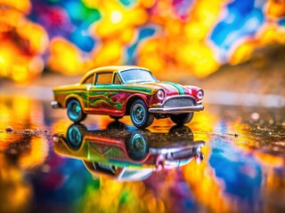 Captivating Macro Photography of a Colorful Toy Car on a Textured Surface, Highlighting Intricate Details and Vivid Colors for Playful Imagery and Creative Concepts