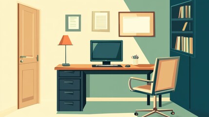 Vector illustration of an office desk with a desktop computer