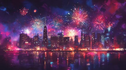 Naklejka premium Vibrant city skyline illuminated by fireworks, celebrating New Year's Eve,