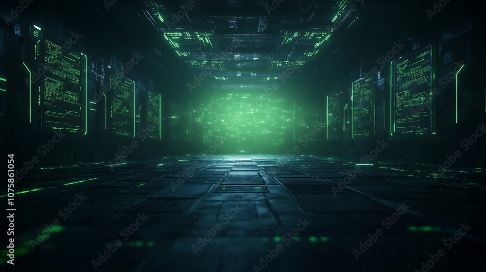 Poster A futuristic, dimly lit space with glowing green patterns, creating a mysterious and technological atmosphere.