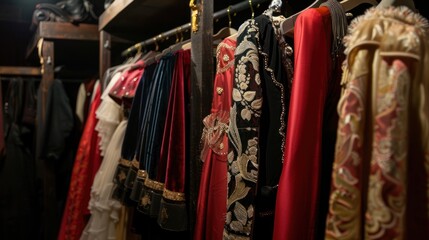 Fototapeta premium Collection of theater costumes on shelves, AI generated image