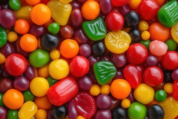 A colorful mix of hard candies, including round, oval, and leaf-shaped candies.