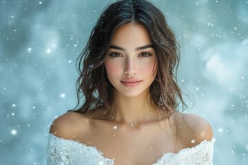 A serene close-up portrait of a young woman in a snowy setting, featuring soft lighting and delicate winter attire.