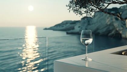 Obraz premium A single glass of white wine sits on a balcony overlooking the ocean at sunset.