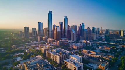 Fototapeta premium Aerial view of a modern city skyline during sunset, showcasing skyscrapers and urban architecture.