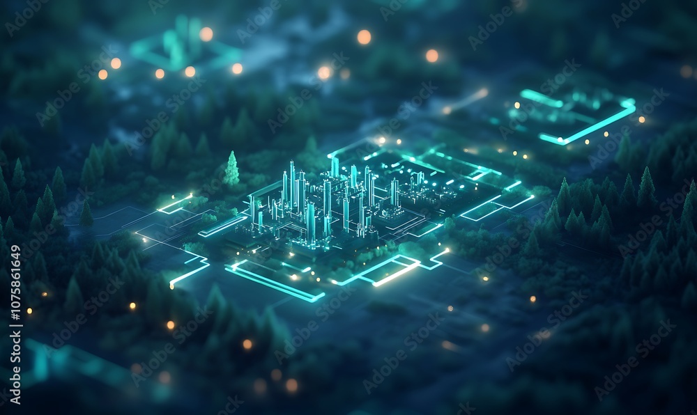 Aufkleber a futuristic cityscape illuminated by glowing lights, surrounded by trees and a misty environment, c