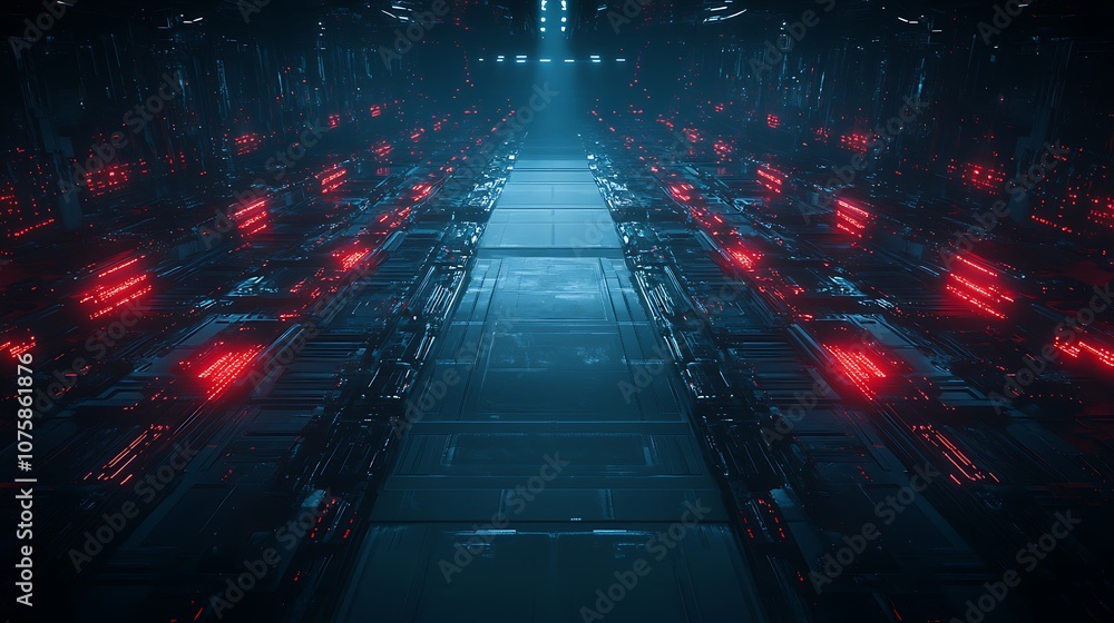 Poster a futuristic corridor lined with glowing red devices, surrounded by deep shadows, creates a mysterio