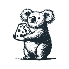 Koala holding a piece of cheese. Black white vector illustration.