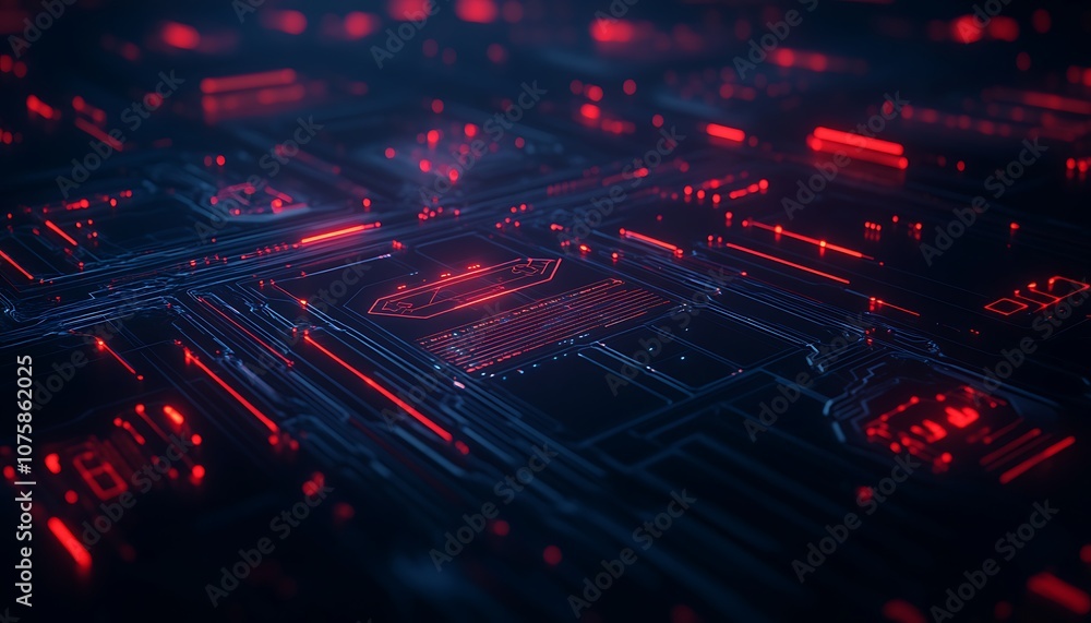 Aufkleber abstract digital circuit board with glowing red and blue elements, representing advanced technology 