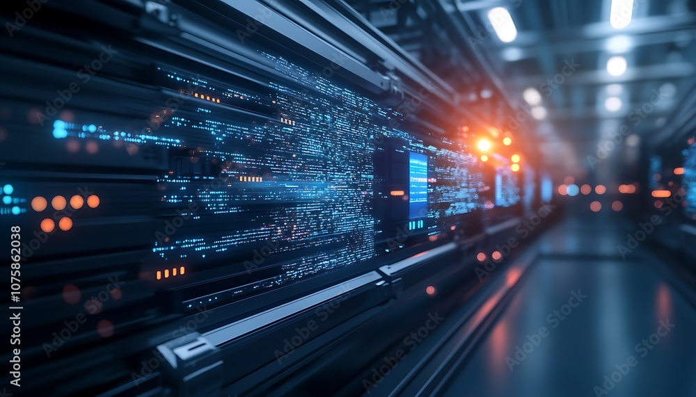 Poster a sleek, high-tech server room with glowing data flow, symbolizing advanced technology and digital c