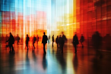 Abstract silhouette of people moving through a vibrant, colorful space, creating a dynamic, blurred effect.