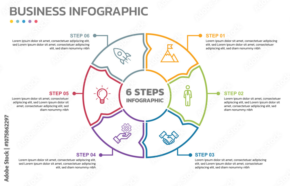 Aufkleber Visual data presentation. Cycle diagram with 6 options. Pie Chart Circle thin line infographic template with 6 steps, options, parts, segments. Business concept. Marketing infographic outline style.