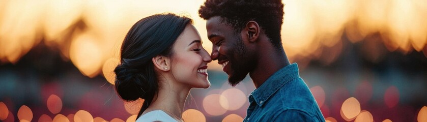 A romantic couple smiles at each other, framed by a warm sunset, evoking feelings of love and connection in a soft, dreamy atmosphere.