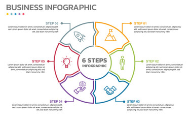 Visual data presentation. Cycle diagram with 6 options. Pie Chart Circle thin line infographic template with 6 steps, options, parts, segments. Business concept. Marketing infographic outline style.