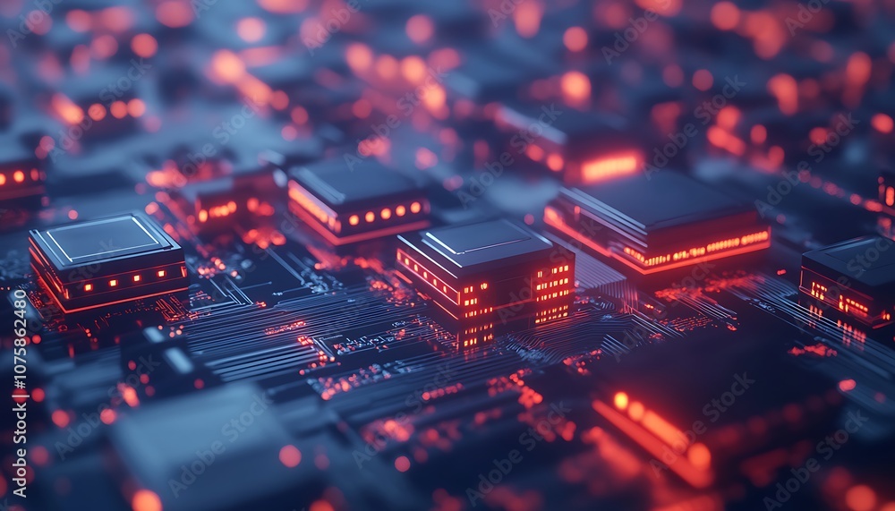 Poster A close-up view of illuminated microchips and circuitry on a circuit board, showcasing a futuristic technology aesthetic.