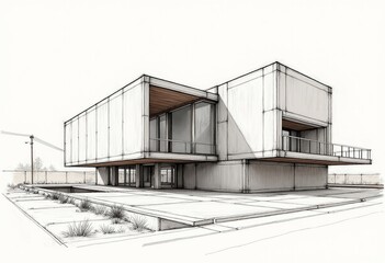 Obraz premium Eco-friendly Architecture Concept: Sustainable Building Design, Green Urban Planning Illustration, Hand-drawn Sketch with Watercolor,