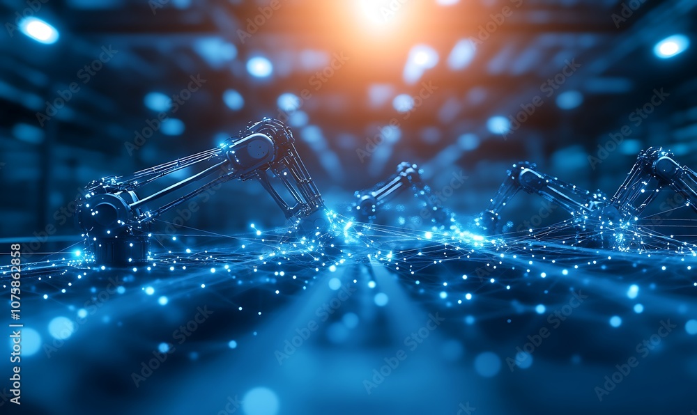 Poster a futuristic scene featuring robotic arms and glowing particles, illustrating advanced technology an