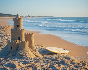 A beautifully constructed sandcastle sits on the beach beside a surfboard, with gentle waves lapping at the shore under a clear sky.