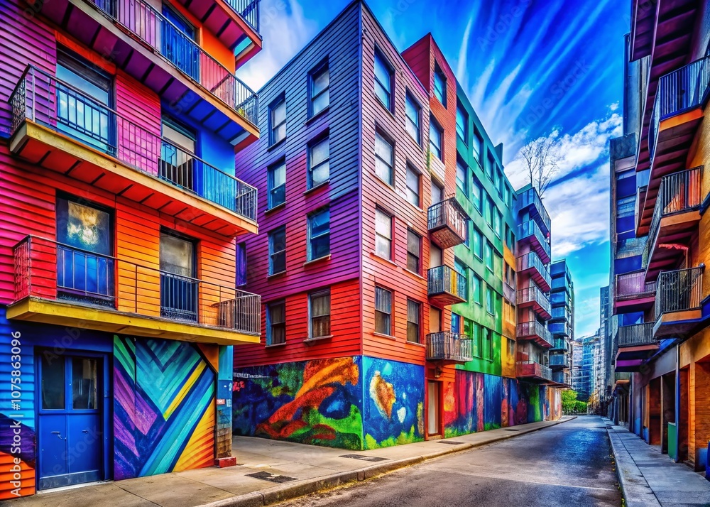 Poster captivating urban exploration with dynamic color patterns in blue, purple, orange, and red angles fo