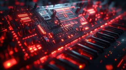 Obraz premium Futuristic synthesizer with glowing circuitry and keyboard.