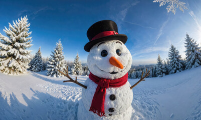 Obraz premium A happy snowman wearing a top hat and a scarf stands in a snowy forest on a bright winter day