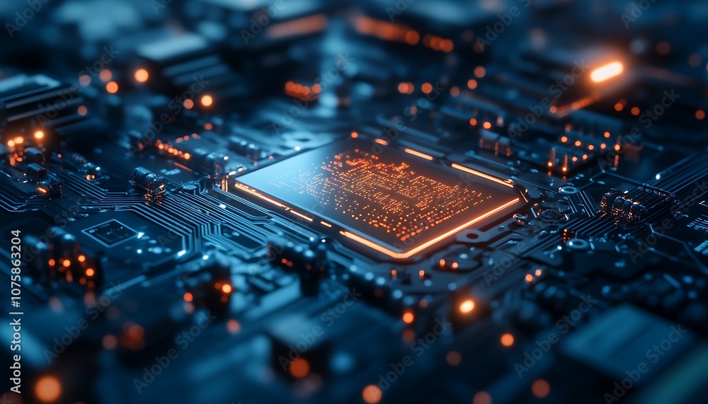 Aufkleber A close-up view of a circuit board showcasing intricate patterns and glowing elements, representing advanced technology and electronics.