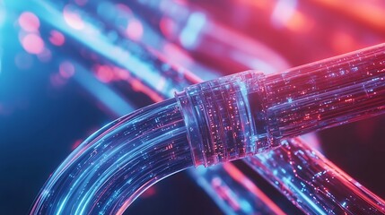 A close-up of illuminated transparent pipes with a vibrant color scheme.