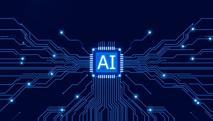 Glowing Purple AI Chip on Blue Circuit Board, Symbolizing Advanced Artificial Intelligence Technology.