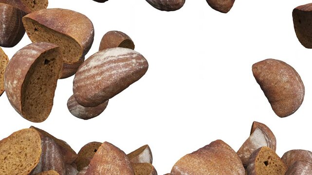 Full frame of falling fresh crusts of unleavened bread on white background. 3d rendering animation. Luma Matte included.