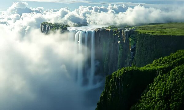 Majestic waterfall flowing through clouds with ai generated.
 