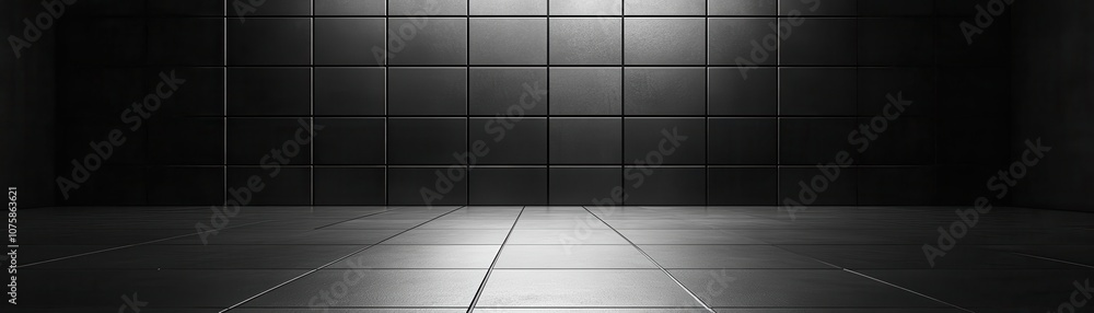 Poster a minimalist, dark room featuring a smooth floor and tiled walls, illuminated softly, creating a sen