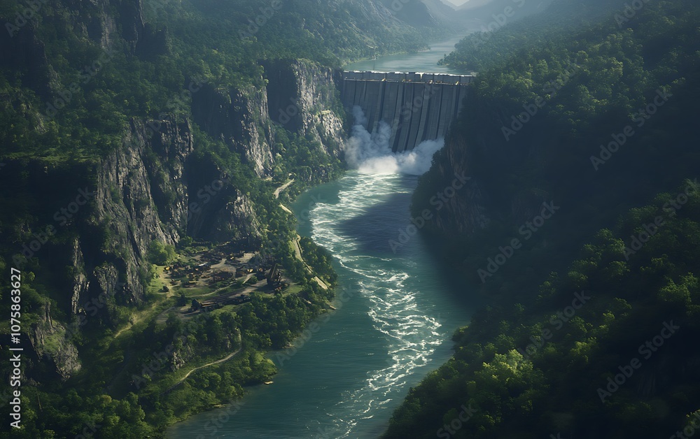 Poster a scenic view of a lush valley with a waterfall cascading into a river, surrounded by steep cliffs a