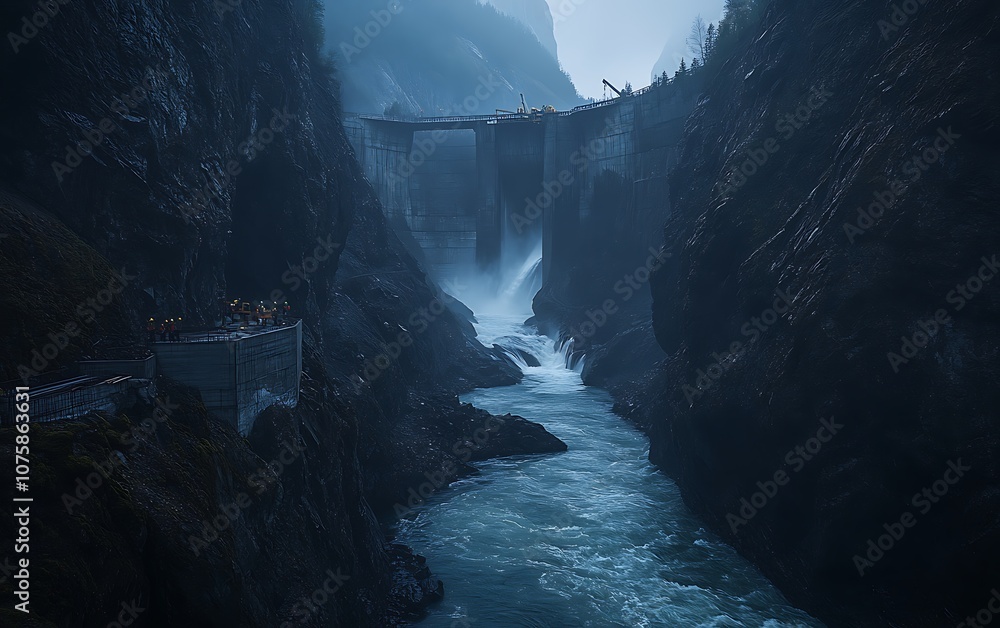 Poster a serene landscape featuring a waterfall cascading into a river, framed by rugged cliffs and dense f