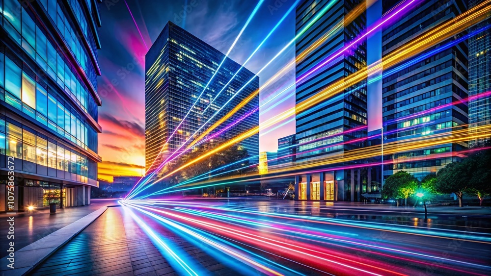 Poster capturing the fusion of neon rays in motion with digital technology in an urban architectural landsc