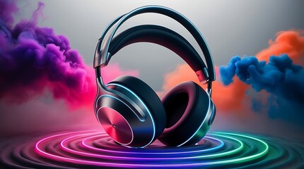 Foggy neon colored stereo headphones blank mockup.Night party ready .exploding in festive colorful...