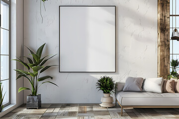 A cozy living room featuring a blank canvas for art, stylish plants, and a modern sofa in natural light.