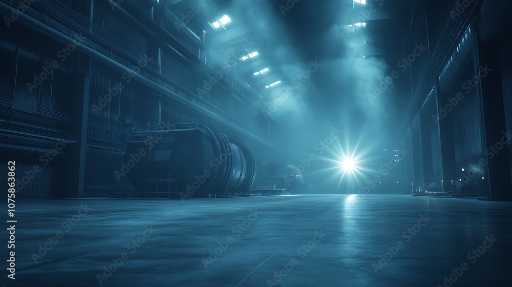 Poster a dimly lit warehouse scene with a beam of light piercing through the smoke, creating an atmospheric