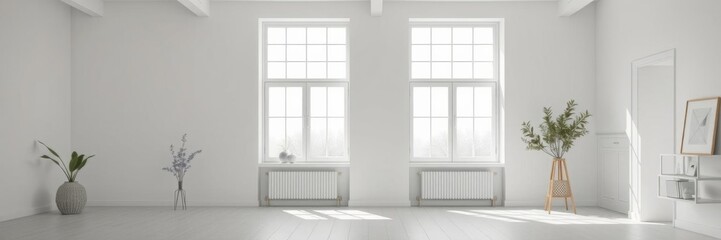 Fototapeta premium Scandinavian-inspired white interior design with large windows, minimalist furniture, and natural light, interior design, spacious