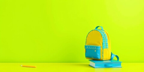 School desk with various school accessories and a yellow backpack on a blue background, accessory, 3d rendering