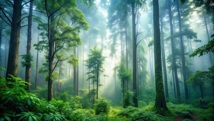 Obraz premium Dense foliage and towering trees in a misty forest environment, tall trees, woodsy atmosphere, dense vegetation