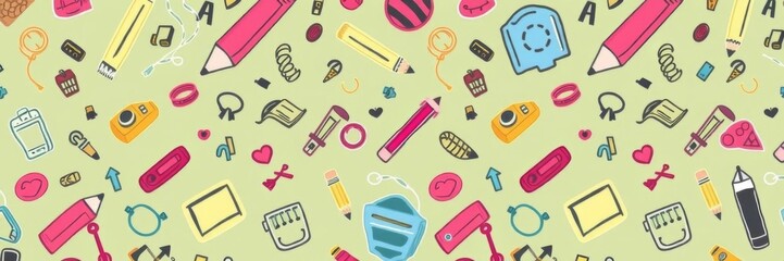Seamless pattern featuring hand-drawn school doodles perfect for back to school designs, thematic, playful
