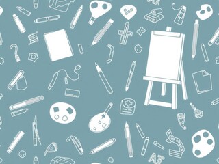 Seamless pattern of stationery tools and art supplies in blue and white colors for educational wallpaper and design projects, line icons, easel